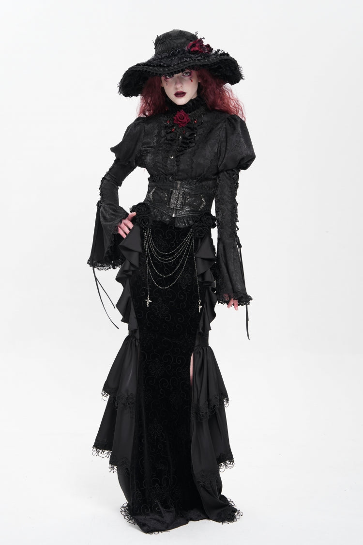 Gothic Lolita Skirt - Floral Print Lace-up Rose Chain, Black, Fishtail Silhouette - additional product view 3