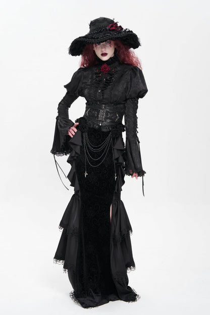 Gothic Lolita Skirt - Floral Print Lace-up Rose Chain, Black, Fishtail Silhouette - additional product view 3