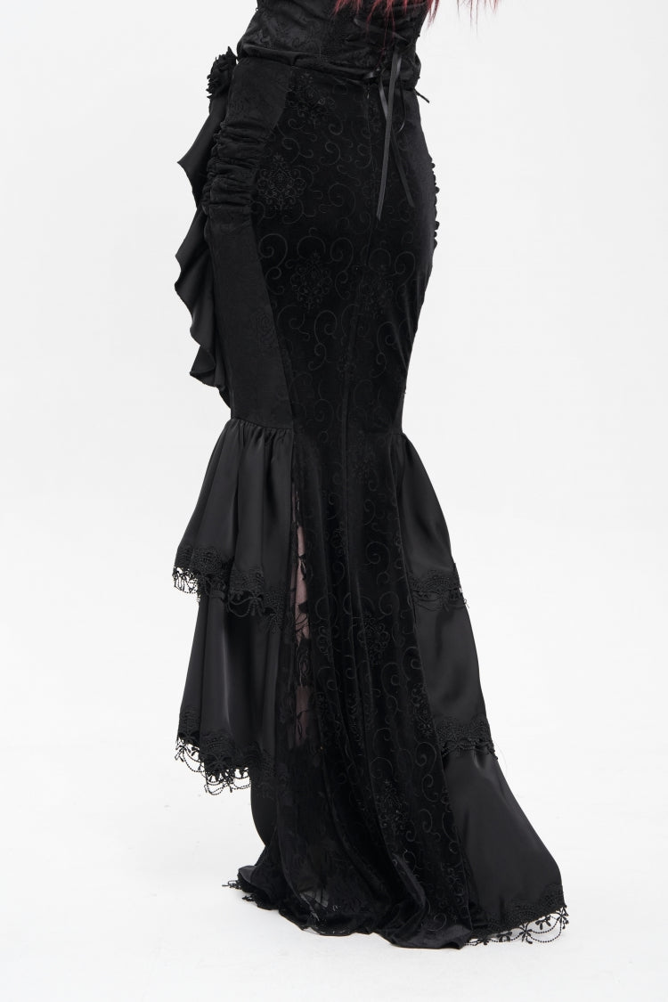 Gothic Lolita Skirt - Floral Print Lace-up Rose Chain, Black, Fishtail Silhouette - additional product view 4