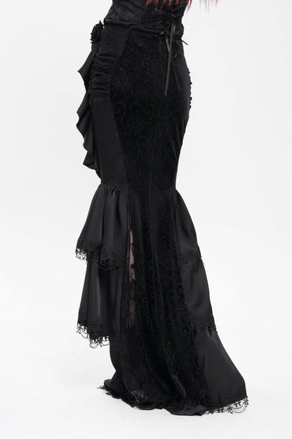 Gothic Lolita Skirt - Floral Print Lace-up Rose Chain, Black, Fishtail Silhouette - additional product view 4