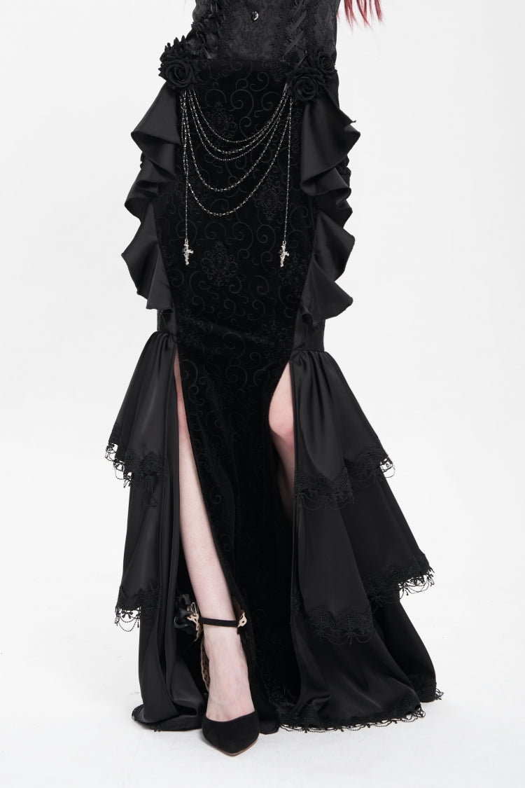 Gothic Lolita Skirt - Floral Print Lace-up Rose Chain, Black, Fishtail Silhouette - additional product view 5