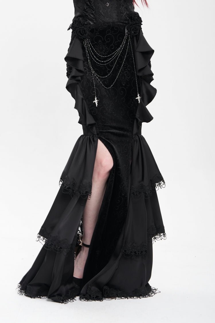 Gothic Lolita Skirt - Floral Print Lace-up Rose Chain, Black, Fishtail Silhouette - additional product view 6