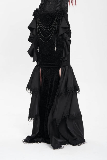 Gothic Lolita Skirt - Floral Print Lace-up Rose Chain, Black, Fishtail Silhouette - additional product view 7