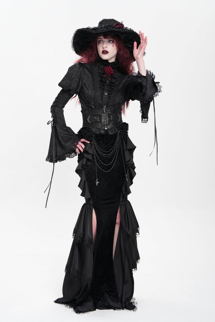 Gothic Lolita Skirt - Floral Print Lace-up Rose Chain, Black, Fishtail Silhouette - additional product view 8