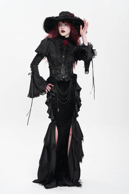Gothic Lolita Skirt - Floral Print Lace-up Rose Chain, Black, Fishtail Silhouette - additional product view 8