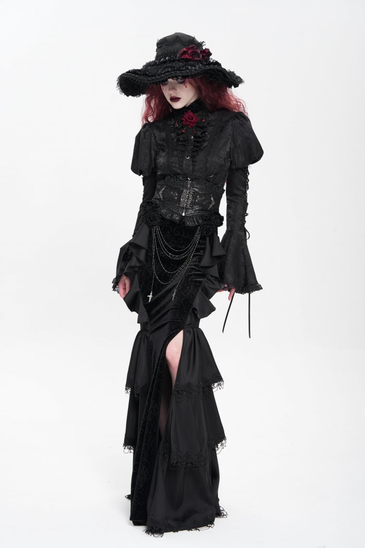 Gothic Lolita Skirt - Floral Print Lace-up Rose Chain, Black, Fishtail Silhouette - additional product view 9