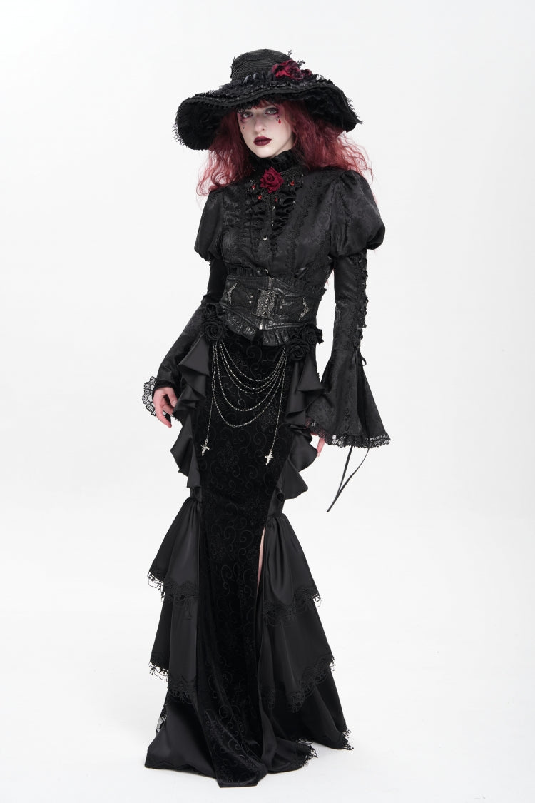 Gothic Lolita Skirt - Floral Print Lace-up Rose Chain, Black, Fishtail Silhouette - additional product view 10