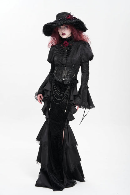 Gothic Lolita Skirt - Floral Print Lace-up Rose Chain, Black, Fishtail Silhouette - additional product view 10