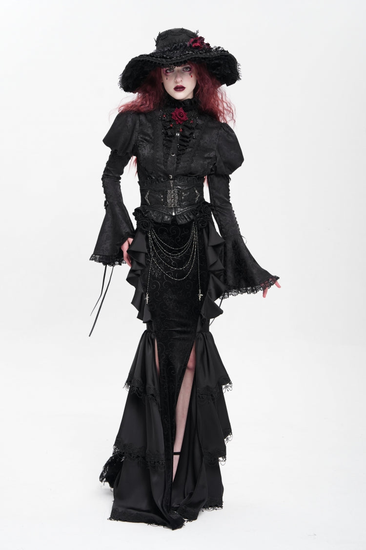 Gothic Lolita Skirt - Floral Print Lace-up Rose Chain, Black, Fishtail Silhouette - additional product view 11
