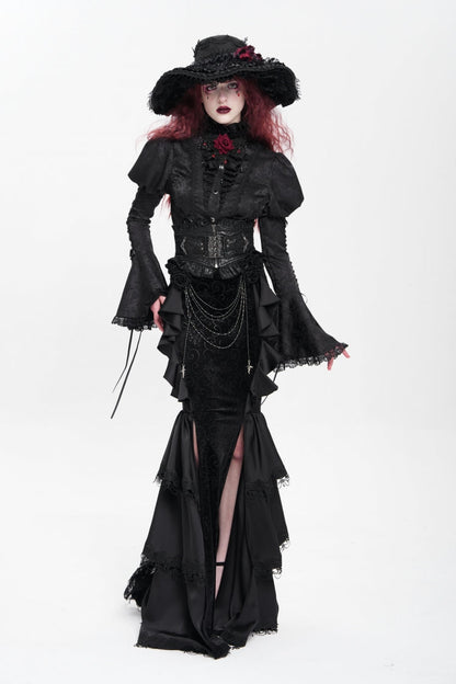 Gothic Lolita Skirt - Floral Print Lace-up Rose Chain, Black, Fishtail Silhouette - additional product view 11