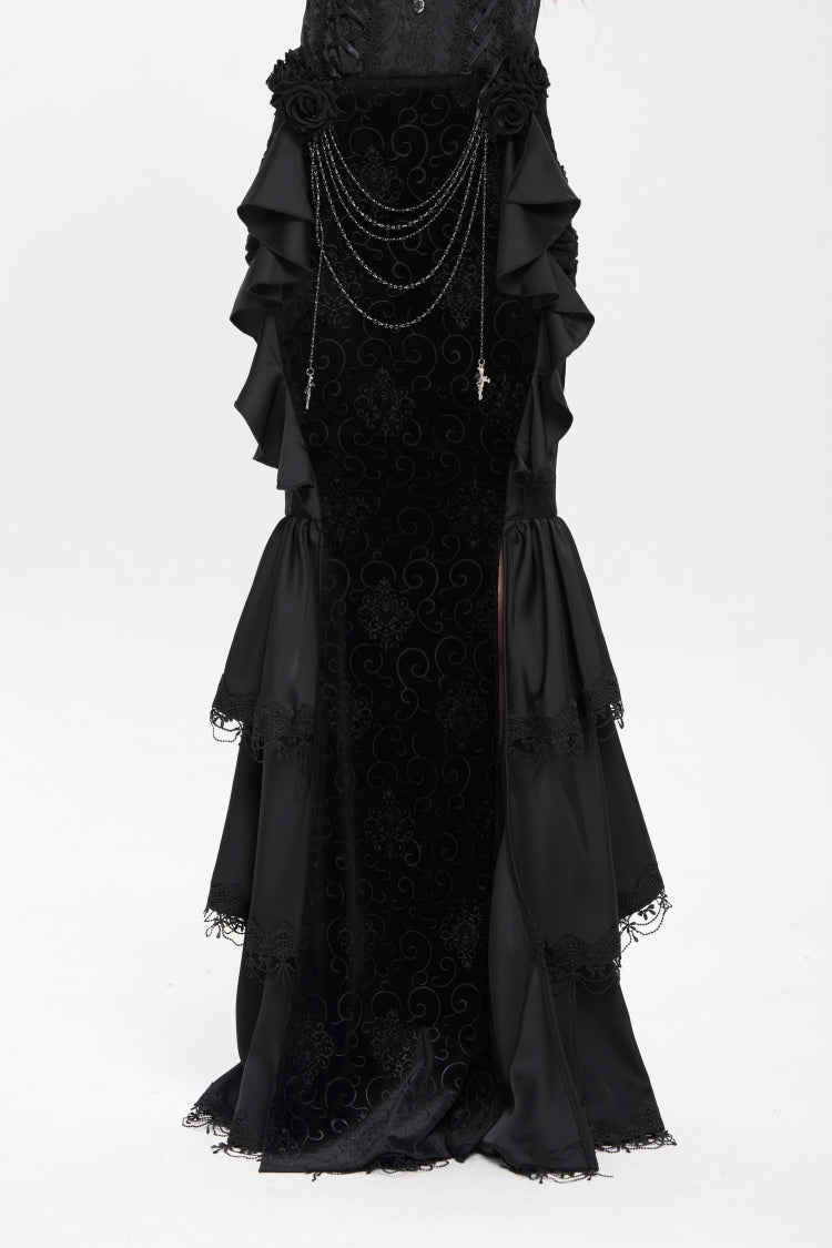 Gothic Lolita Skirt - Floral Print Lace-up Rose Chain, Black, Fishtail Silhouette - main product image