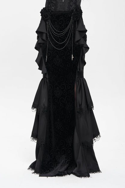 Gothic Lolita Skirt - Floral Print Lace-up Rose Chain, Black, Fishtail Silhouette - main product image