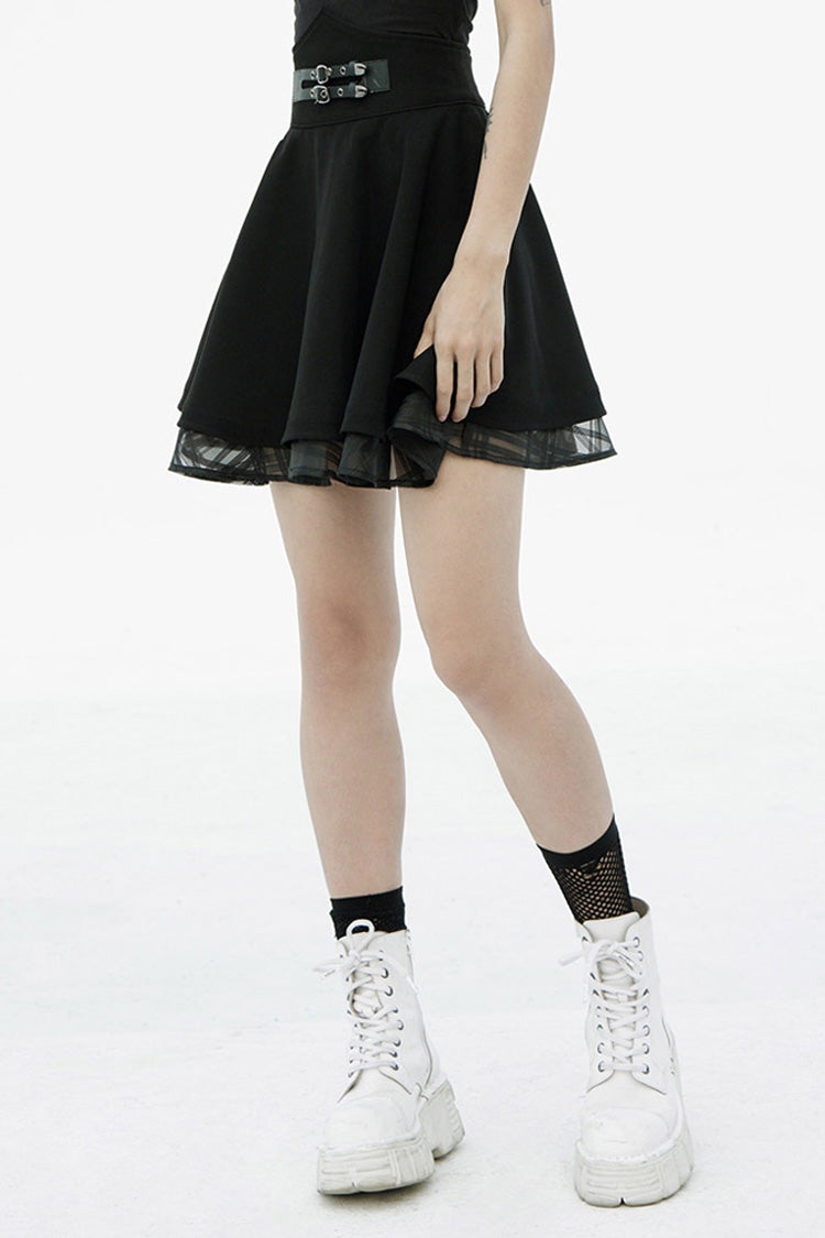 Gothic Lolita Skirt - Front Metal Buckle Loops High, Black, Plaid, Buckle Detail - additional product view 2