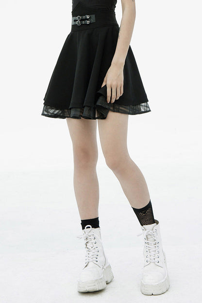 Gothic Lolita Skirt - Front Metal Buckle Loops High, Black, Plaid, Buckle Detail - additional product view 2