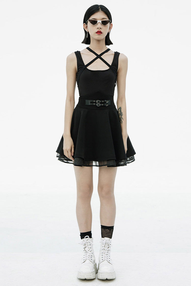 Gothic Lolita Skirt - Front Metal Buckle Loops High, Black, Plaid, Buckle Detail - additional product view 4