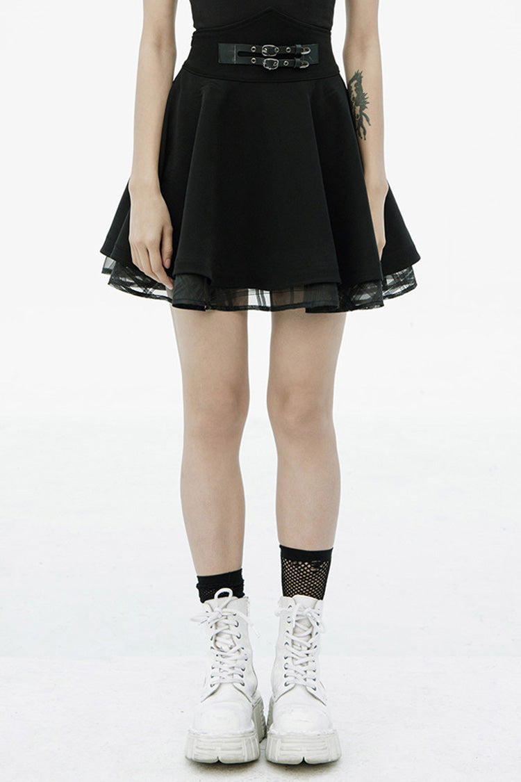 Gothic Lolita Skirt - Front Metal Buckle Loops High, Black, Plaid, Buckle Detail - main product image