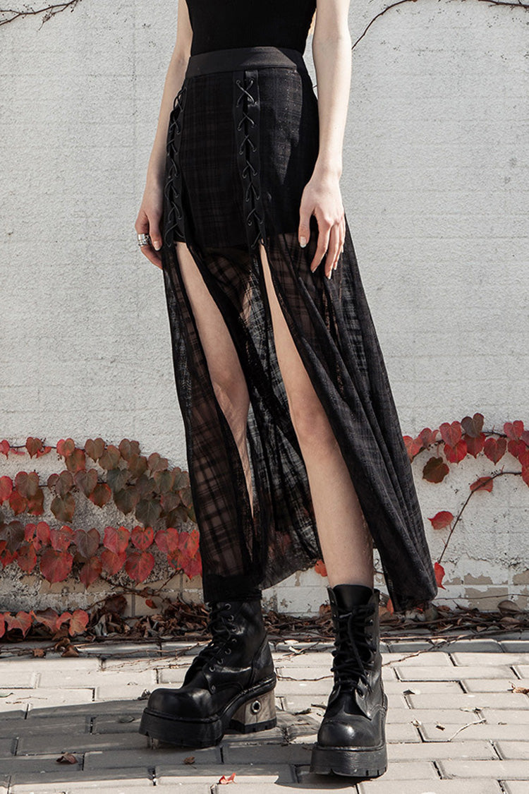 Gothic Lolita Skirt - Front Metal Eyelets Lace-up Slit, Black, Slit Detail, Women's Style - additional product view 2