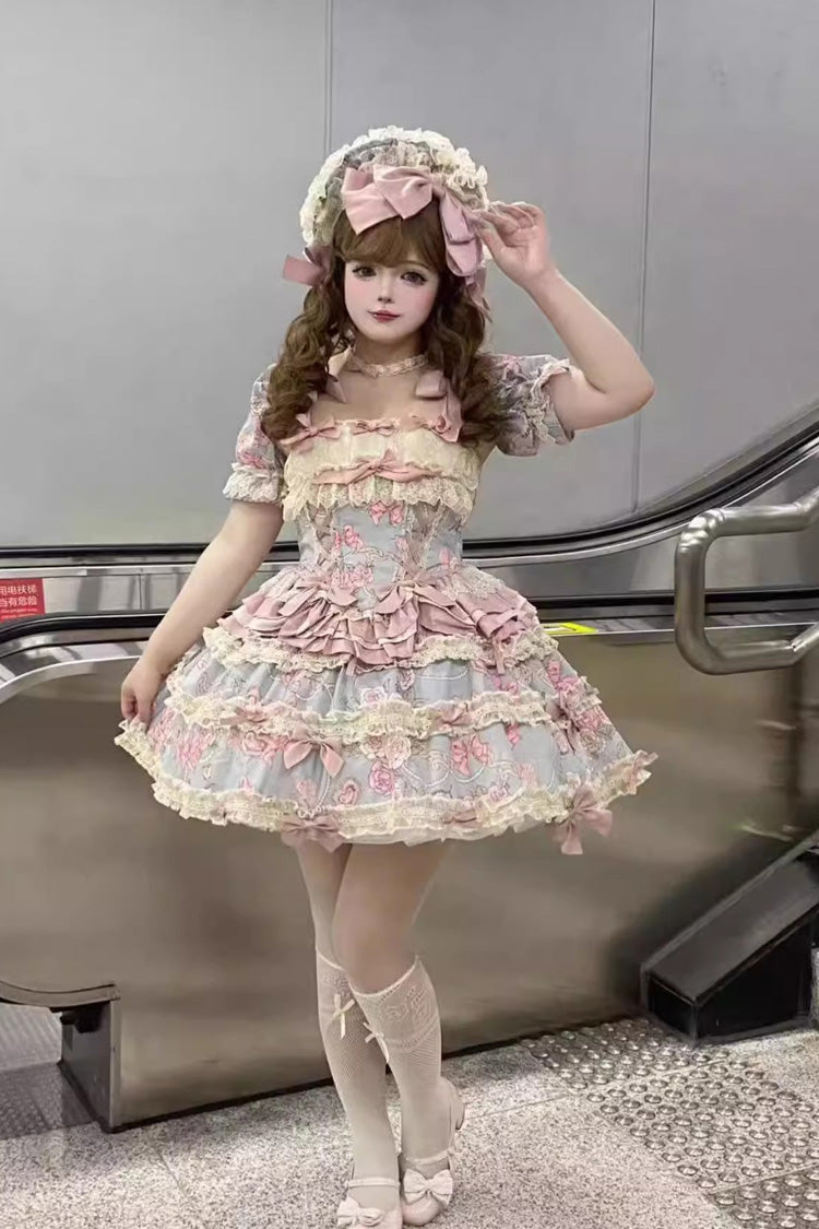 Gothic Lolita Skirt - Gem Rose, 2 Colors, Long Length, Short Length, Sweet Style - S Blue/Pink Short / M Blue/Pink Short / L Blue/Pink Short option