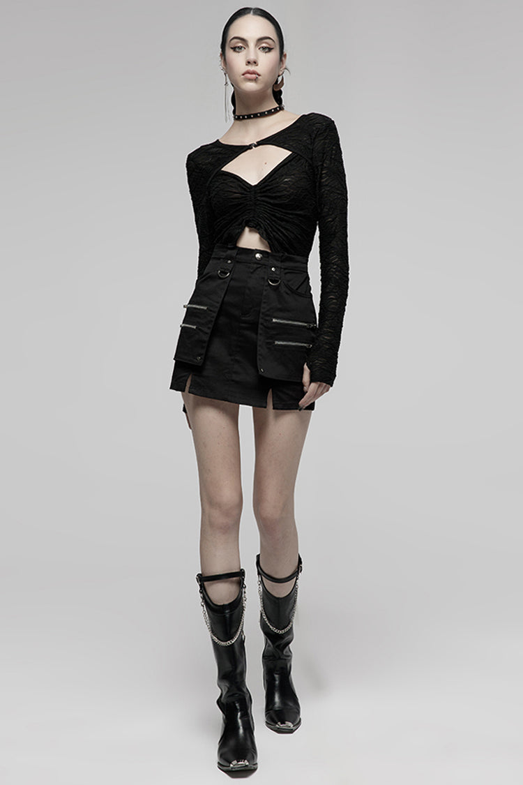 Gothic Lolita Skirt - Heavy Industrial Hem Slit Design, Black, Slit Detail, Zipper Detail - additional product view 4