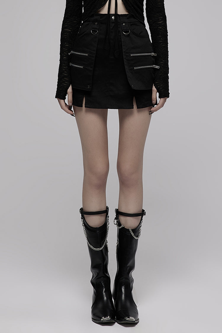 Gothic Lolita Skirt - Heavy Industrial Hem Slit Design, Black, Slit Detail, Zipper Detail - main product image