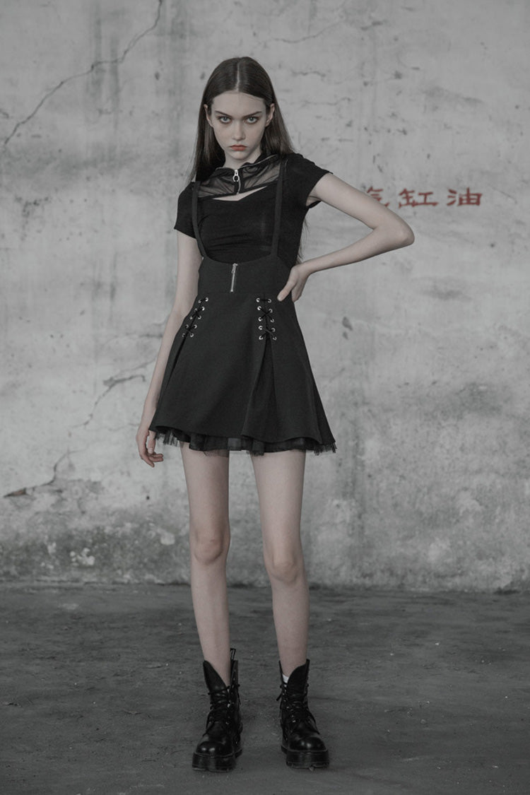 Gothic Lolita Skirt - High Waist Bandage Zipper Braces, Black, Zipper Detail, Punk Style - additional product view 4