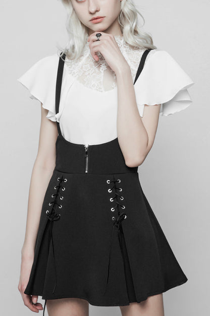 Gothic Lolita Skirt - High Waist Bandage Zipper Braces, Black, Zipper Detail, Punk Style - main product image