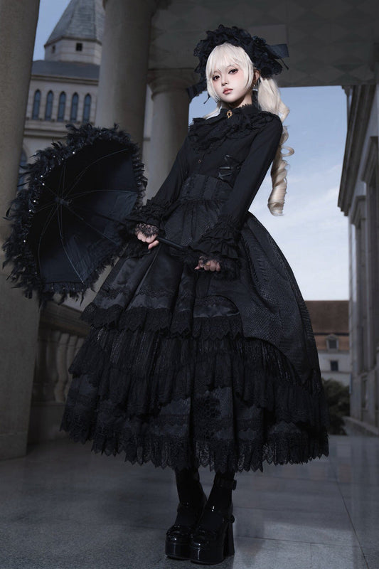 Gothic Lolita Skirt - Immortality Taboo, Black, Lace Trim, Ruffled, Layered - main product image