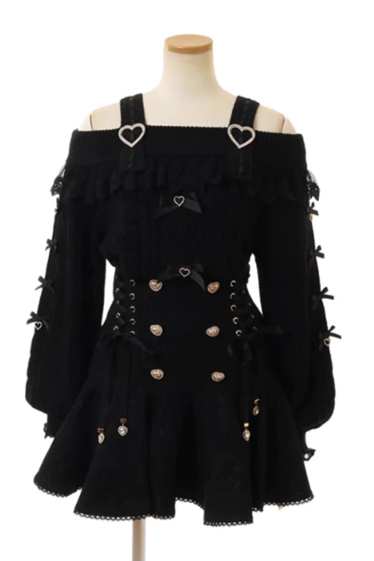 Gothic Lolita Skirt - Japanese, Black, Double-Breasted, Bow Detail, Lace Trim - main product image