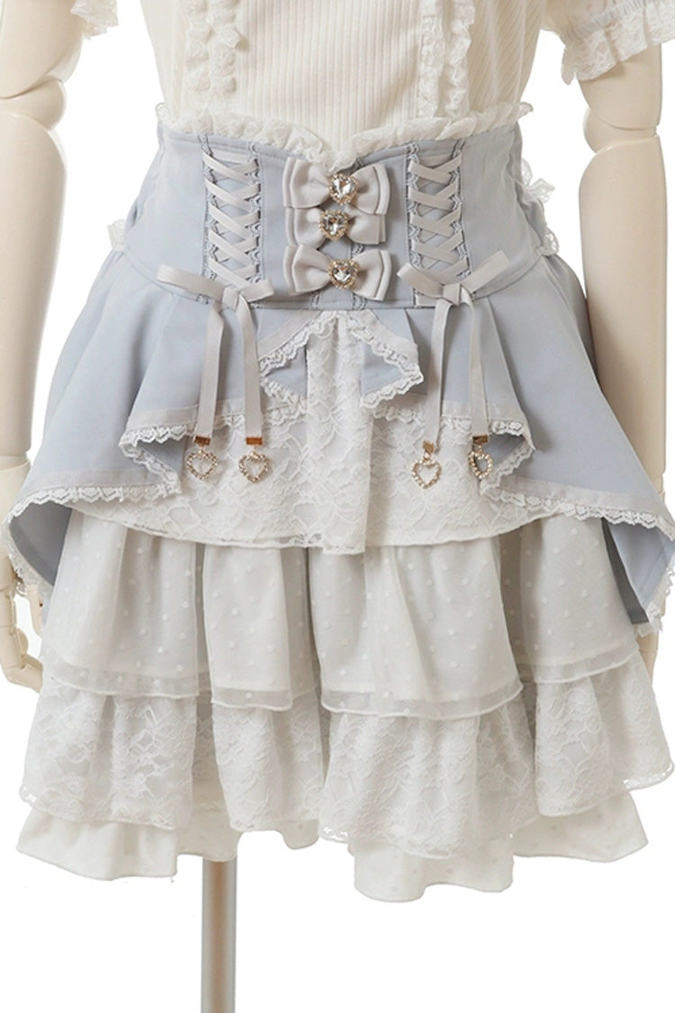 Gothic Lolita Skirt - Japanese High Waisted, Blue, High Waist, Lace Trim, Layered - main product image
