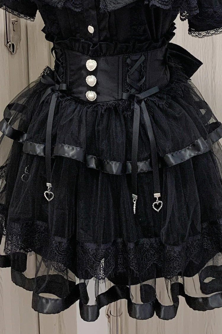 Gothic Lolita Skirt - Jirai Kei, 2 Colors, Lace Trim, Ruffled, Bow Detail - S Black / M Black / L Black option