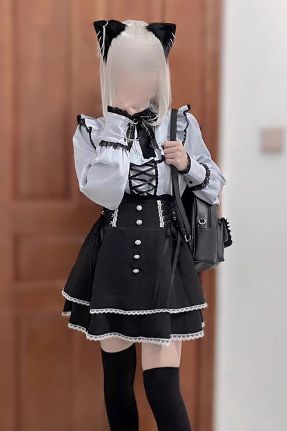 Gothic Lolita Skirt - Jirai Kei High Waisted, 2 Colors, High Waist, Bow Detail, Lace Trim - additional product view 4