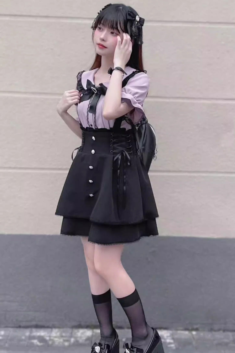 Gothic Lolita Skirt - Jirai Kei High Waisted, 2 Colors, High Waist, Bow Detail, Lace Trim - additional product view 8
