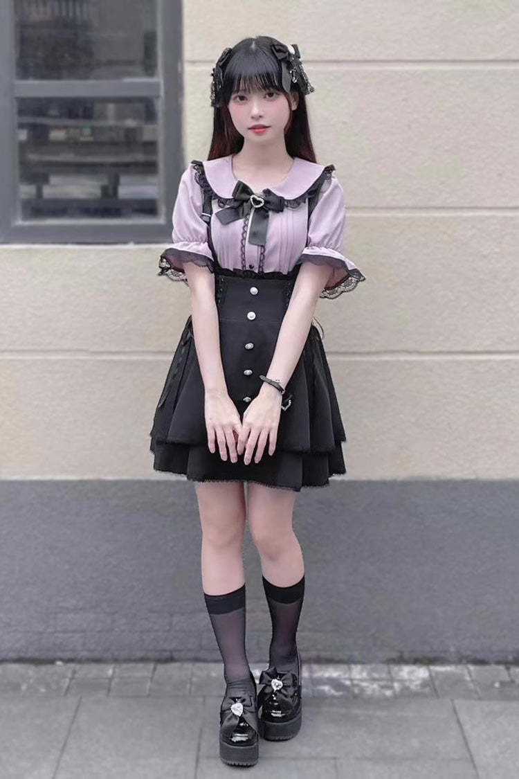 Gothic Lolita Skirt - Jirai Kei High Waisted, 2 Colors, High Waist, Bow Detail, Lace Trim - One-Size Black option