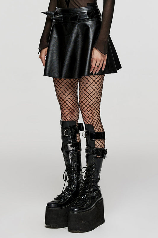 Gothic Lolita Skirt - Lace-up Faux Leather Devil Sharp, Black, Short Length, Women's Style - additional product view 2