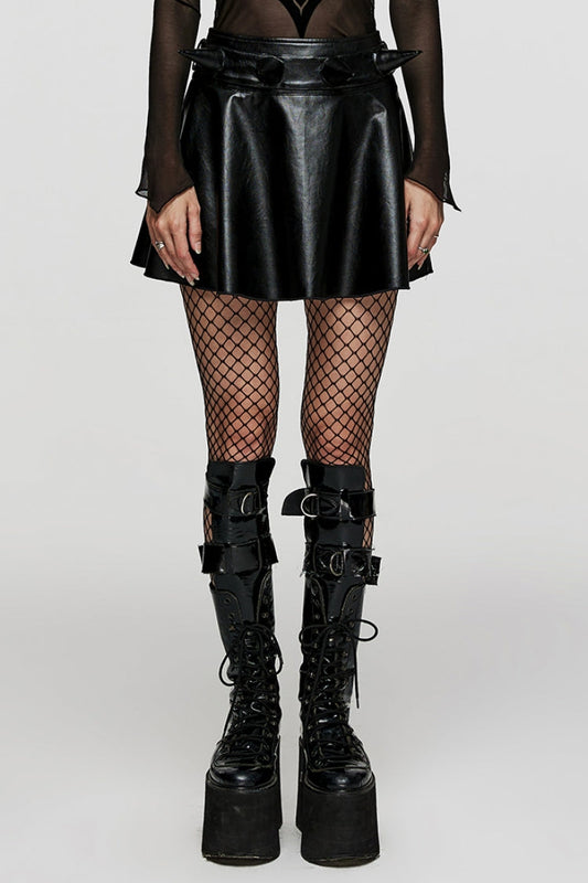 Gothic Lolita Skirt - Lace-up Faux Leather Devil Sharp, Black, Short Length, Women's Style - main product image