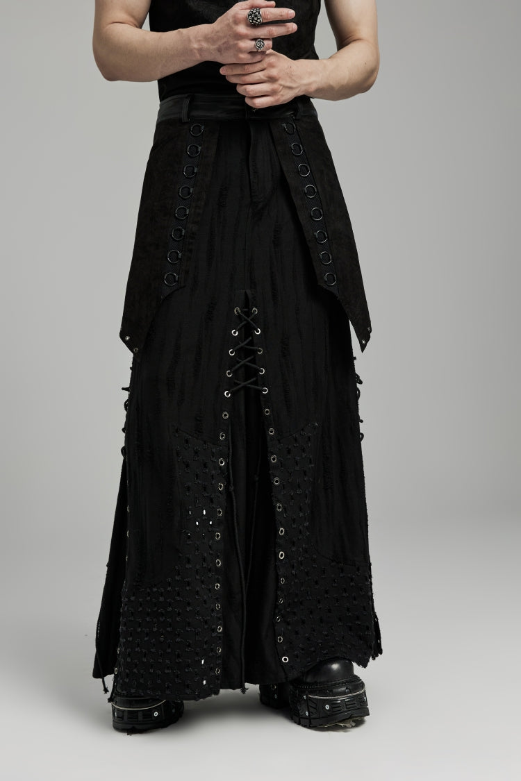Gothic Lolita Skirt - Lace-up Ripped Eyelet, Black, Men's Style, Punk Style, Lace Trim - main product image
