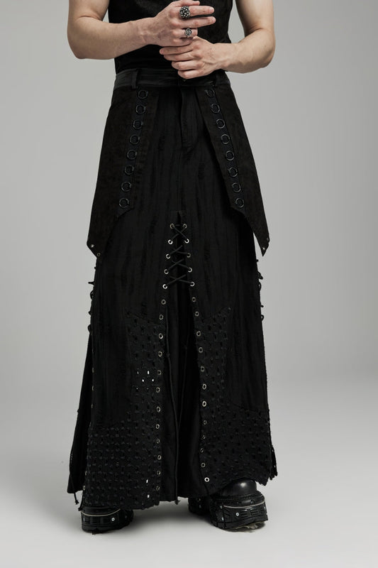 Gothic Lolita Skirt - Lace-up Ripped Eyelet, Black, Men's Style, Punk Style, Lace Trim - main product image