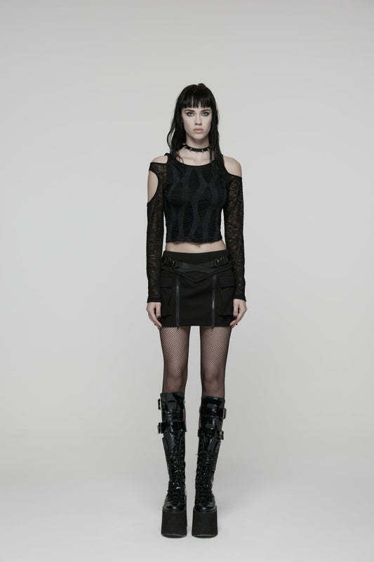 Gothic Lolita Skirt - Lace-up Zippered, Black, Zipper Detail, Women's Style, Lace Trim - main product image