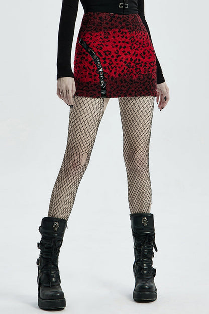 Gothic Lolita Skirt - Leopard Print Leather Strap, Red, Women's Style, Printed - main product image