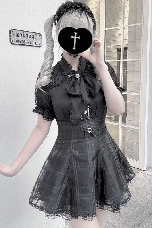 Gothic Lolita Skirt - Light Snow, 3 Colors, Plaid, Bow Detail, Sweet Style - S Black / M Black / L Black option