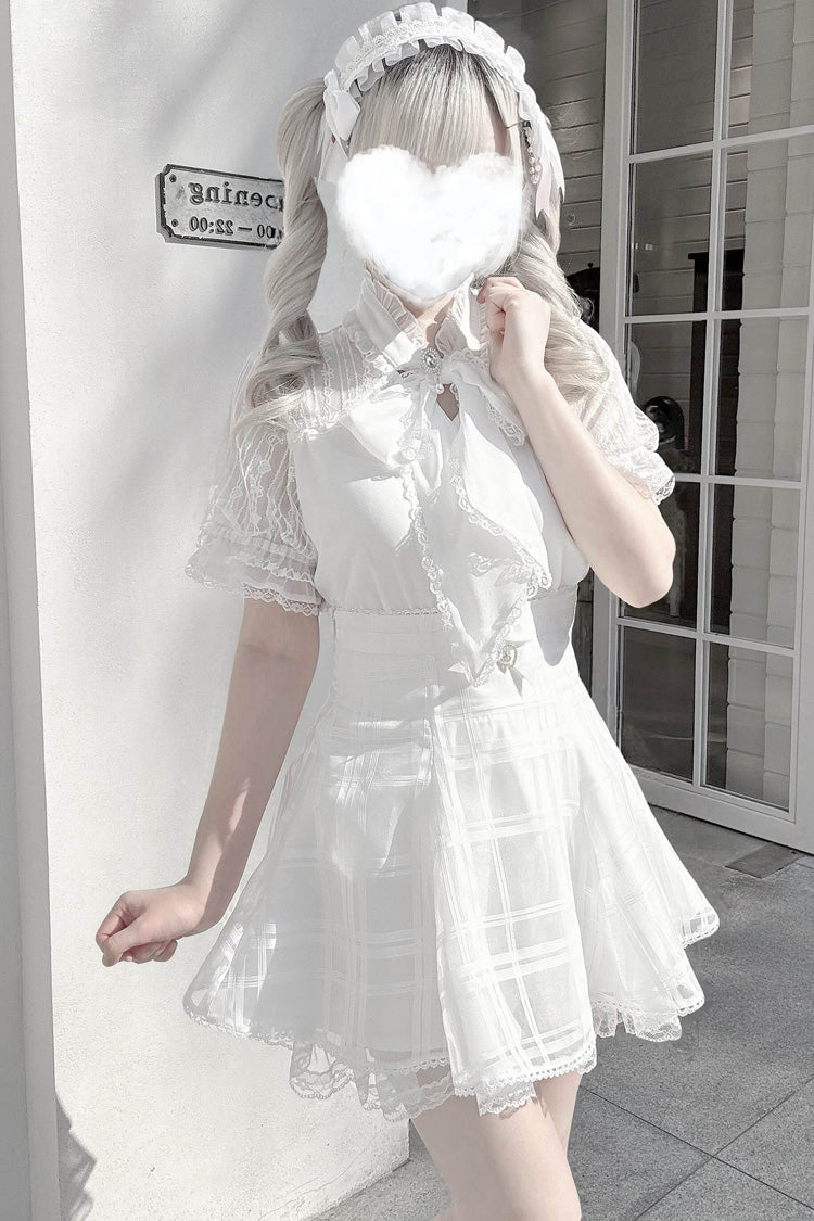 Gothic Lolita Skirt - Light Snow, 3 Colors, Plaid, Bow Detail, Sweet Style - S White / M White / L White option
