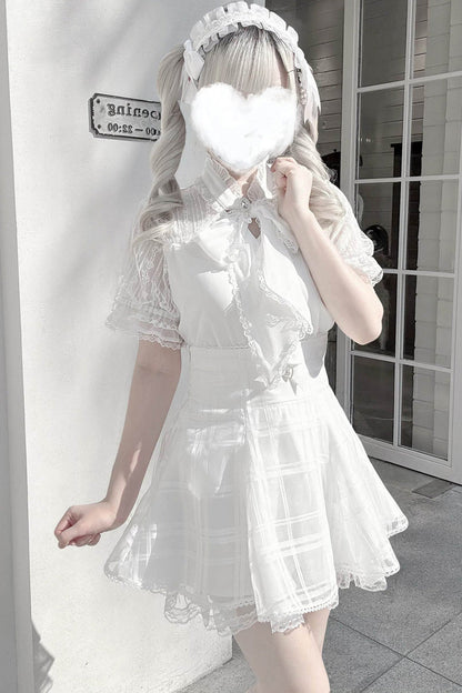 Gothic Lolita Skirt - Light Snow, 3 Colors, Plaid, Bow Detail, Sweet Style - S White / M White / L White option