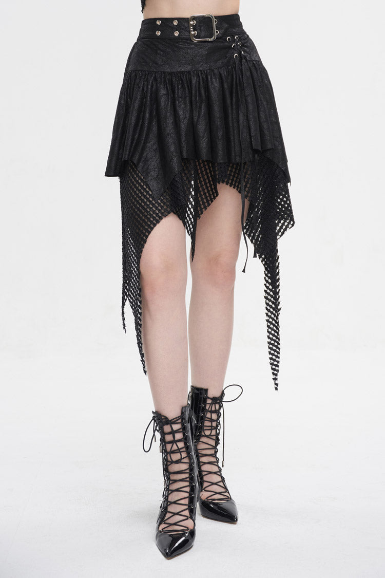 Gothic Lolita Skirt - Lrregular Mesh Splice Buckle, Black, Buckle Detail, Women's Style - additional product view 2