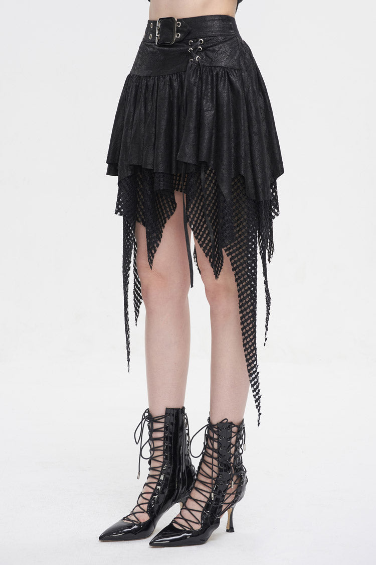 Gothic Lolita Skirt - Lrregular Mesh Splice Buckle, Black, Buckle Detail, Women's Style - additional product view 3