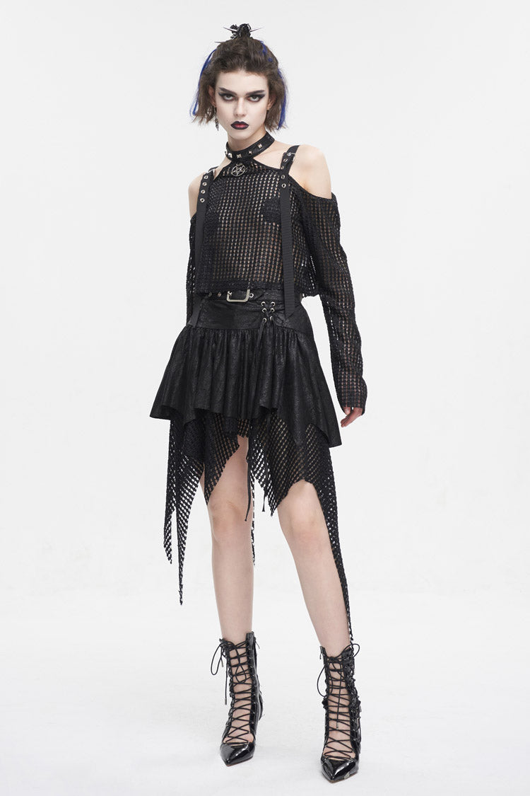 Gothic Lolita Skirt - Lrregular Mesh Splice Buckle, Black, Buckle Detail, Women's Style - additional product view 5