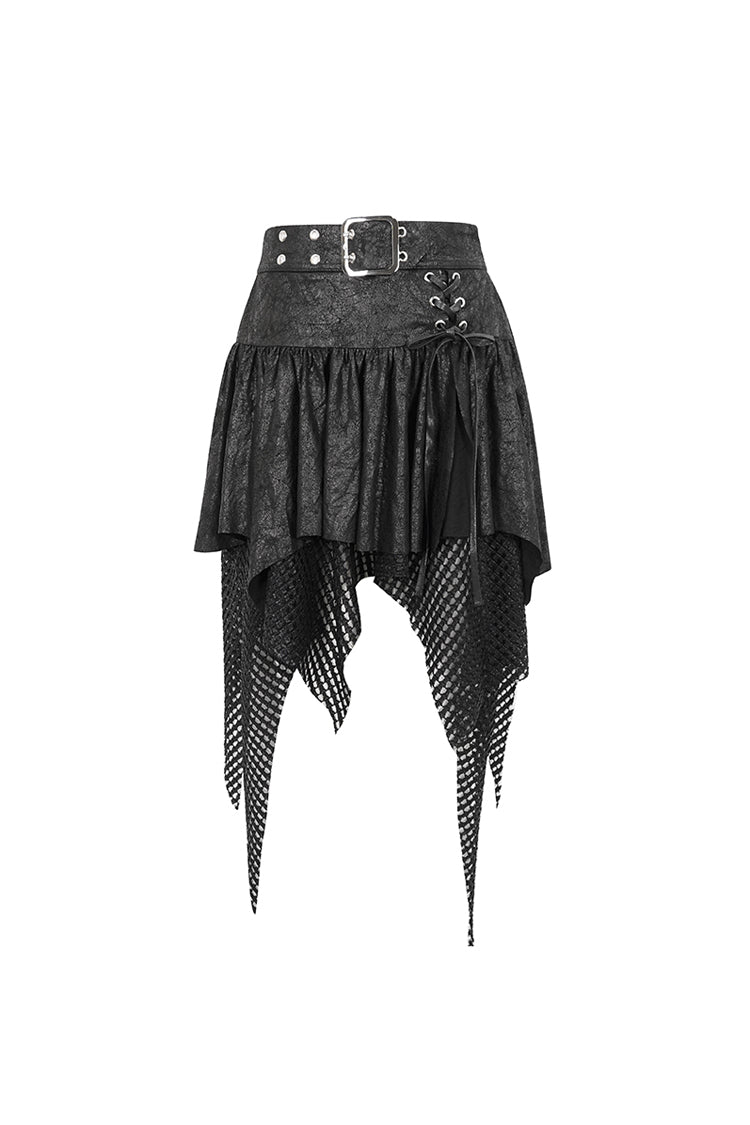 Gothic Lolita Skirt - Lrregular Mesh Splice Buckle, Black, Buckle Detail, Women's Style - additional product view 6