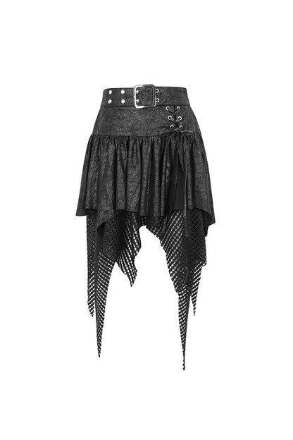 Gothic Lolita Skirt - Lrregular Mesh Splice Buckle, Black, Buckle Detail, Women's Style - additional product view 6