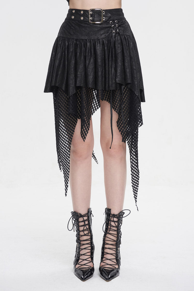 Gothic Lolita Skirt - Lrregular Mesh Splice Buckle, Black, Buckle Detail, Women's Style - main product image