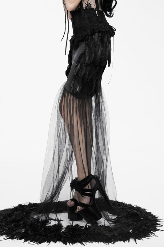 Gothic Lolita Skirt - Mesh Fishtail Flower Feather Hem, Black, Fishtail Silhouette - additional product view 2