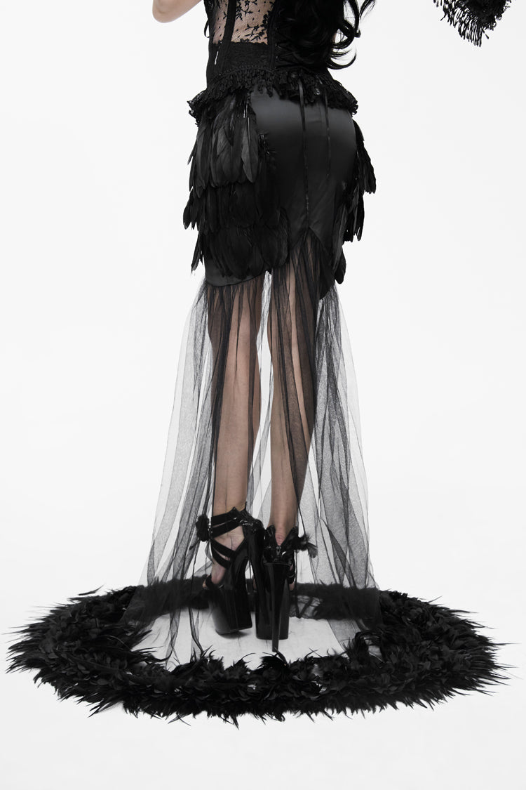 Gothic Lolita Skirt - Mesh Fishtail Flower Feather Hem, Black, Fishtail Silhouette - additional product view 3
